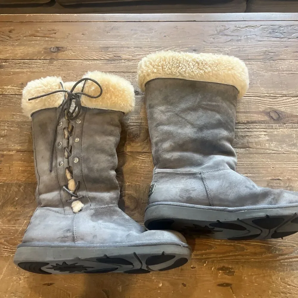 UGG Australia Tall Shearling Lace-Up Boots Gray Suede Women’s Size 8 (EU 39)
